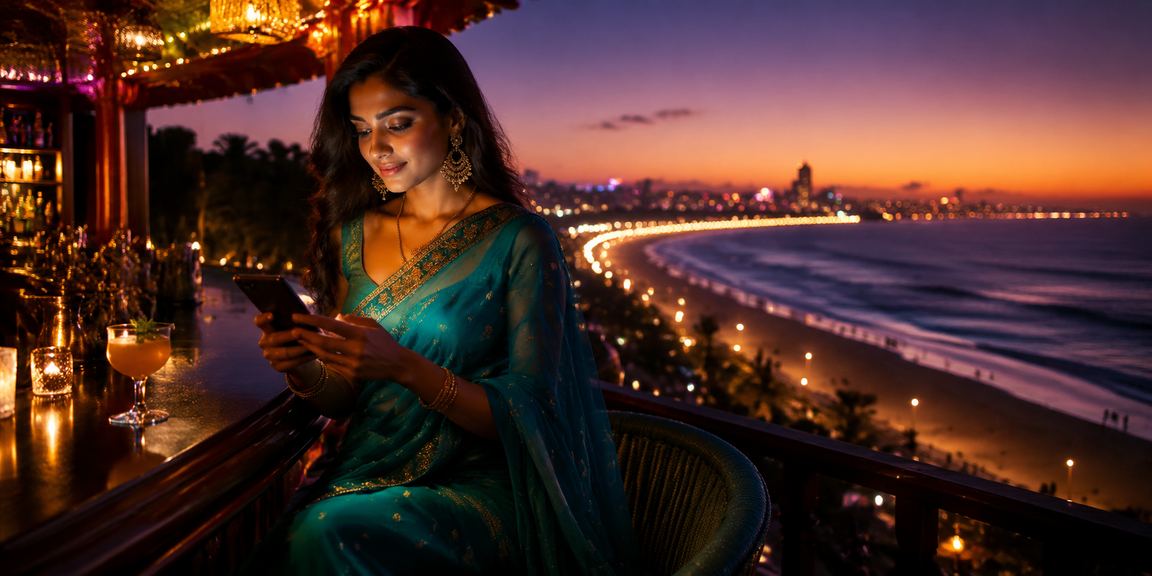 Woman using mobile sports betting app at Chennai Marina Beach