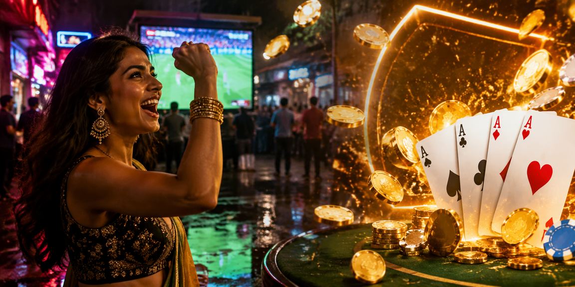 Neon-lit Mumbai Bandra street with Teen Patti gameplay